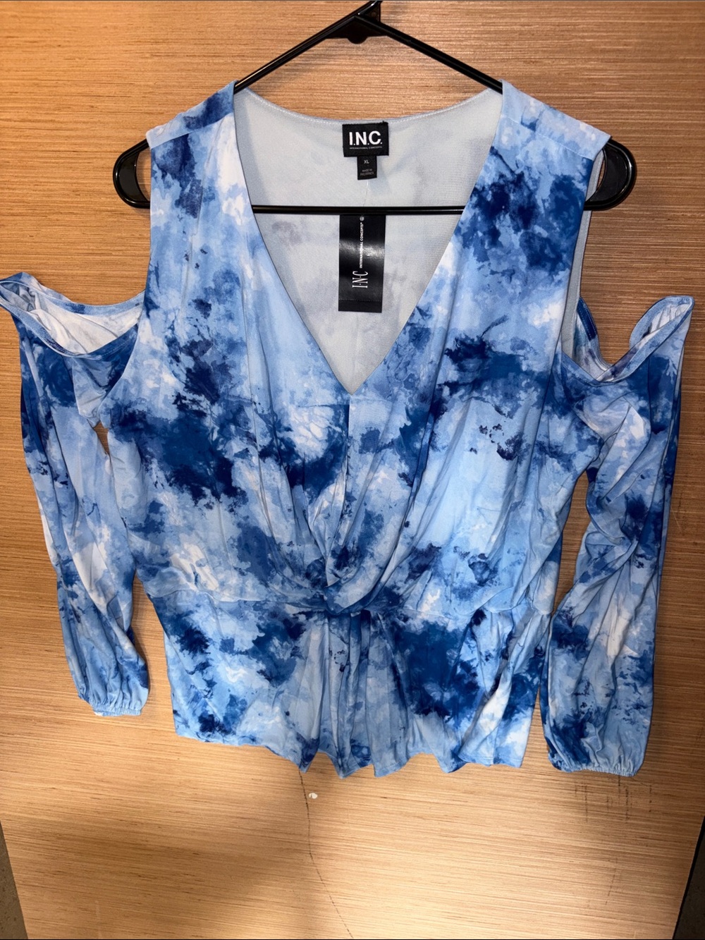 INC International Concepts Blue Tie-Dye Cold-Shoulder V-Neck Blouse